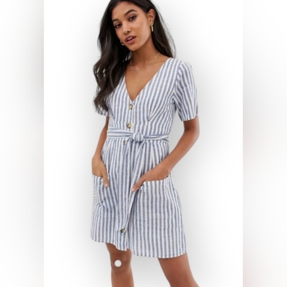 Abercrombie And Fitch Women's Striped Cotton Shirt Belted Dress V Neck S